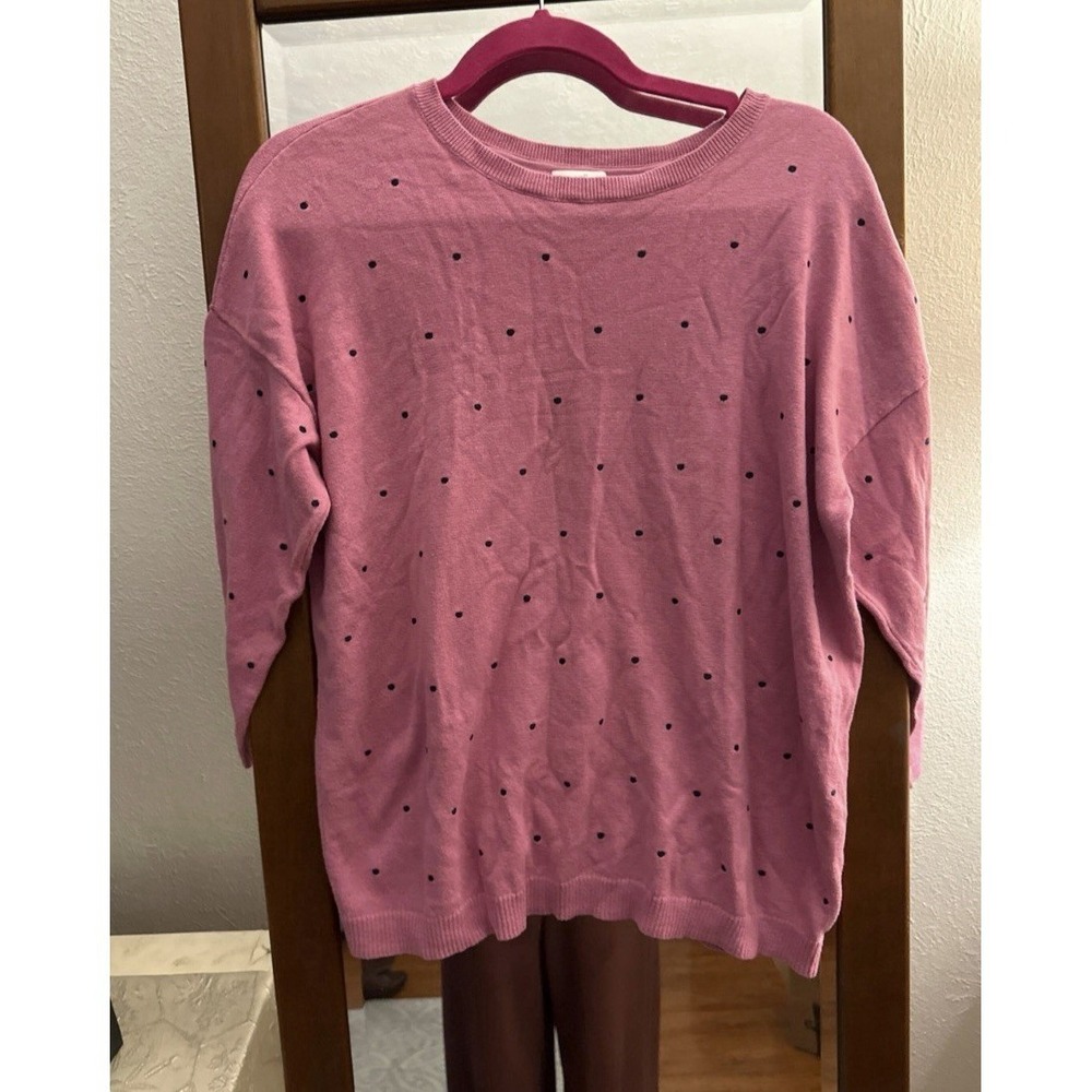 J.Jill Women's Pink Black Dotted Embroidered Cotton‎ Blouse Top Shirt Size M